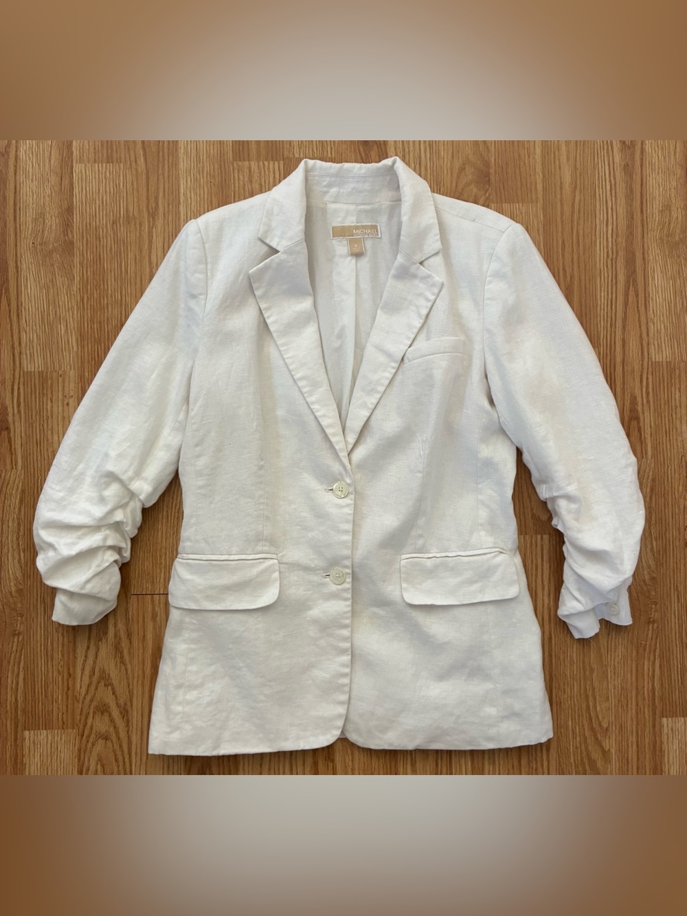Michael Kors White Linen Blazer Jacket 3/4 Ruched sleeves size 6